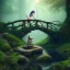 Placeholder: poet with lute, sexy pixie sleeping on rock under wooden bridge in magical forest, spray painting, foliage frame, fantasy art , movie poster, Realistic photography, incredibly detailed, ultra high resolution, 8k, complex 3d render, cinema 4d, color corrected