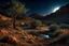 Placeholder: Dry trees, night, arid land, vegetations, rocks, little river, mountains