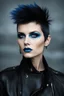 Placeholder: ProtoVision - Absolute reality --a black and gray gradated wall in the background with fog -- If Billy Idol was an emo female -- facial portrait -- absolutely stacked, thin, petite, little, with great big giant bazoombas, short, military-cut, buzz-cut, pixie-cut black hair tapered on the sides, bright blue eyes, wearing short sleeved, nylon, Turtleneck half shirt, blue jean mini shorts, black fishnet stockings, punk rock styled, platform boots, black lipstick,