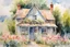 Placeholder: Watercolor painting of a rustic cottage with beautiful pastel flowers, green trees, blue sky, romantic, romanticism, cottagecore