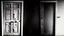 Placeholder: unhinged door, anime, monochrome, black background, ink, simple, maximum quality, broken hinge, barely functioning, why is it still being used it's a health hazard