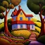 Placeholder: a painting of a house on a hill, a pointillism painting by Sylvia Wishart, deviantart, kinetic pointillism, detailed painting, whimsical, storybook illustration