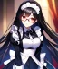 Placeholder: girl, masterpiece, best quality, volumetric lighting, detailed outfit, perfect eyes, long hair, black hair, red eyes, glasses, bowing, maid,