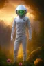 Placeholder: running alien portrait , white jogging suite , in the sunset Alps, golden light , holding leaves and flowers , angels background, volumetric light, high detail, dark leaf tree, dark mountains in background, perfect