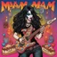 Placeholder: metalhead woman long dark hair in KISS makeup and heavy metal tour T-shirt carrying chocolate birthday cake shaped like a guitar, text "MAM", candles, by Wes Benscoter and Greg Rutkowski, digital art, colorful, quirky, KISS cat makeup