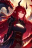 Placeholder: girl, masterpiece, best quality, cinematic lighting, detailed outfit, vibrant colors, perfect eyes, long hair, red hair, red eyes, dragon girl, armored clothes, angry, looking down, dragon horn,