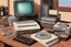 Placeholder: retro tech on a desk, Magneto-optical disk, floppy disk, Hard disks, ram, VHS, Retro pc, slight watercolor, no humans