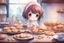 Placeholder: watercolor and ink, cute chibi anime sad girl baking cookies, ethereal, cinematic postprocessing, bokeh, dof