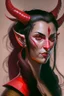 Placeholder: Portrait of a female Tiefling bard with bright red skin, two horns emerging from her forehead and long black hair with sidebangs and a ponytail.