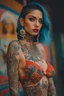 Placeholder: Beautiful Arab woman, petite, short, big eyes and lips, vibrant color, neck tattoo and full sleeves tattoo, thin, tattoos connected, Full coverage chest tatoo, tattoo style complex High quality film grain shot on Nikon Z 85mm by (petra collins|roe ethridge, elllen von unwerth, Jan Saudek)