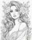 Placeholder: Line art: beautiful, mesmerized drawing skatche for full body girl in her hair nice flowers and in a beautiful flowering dress :: flower tatoos, line art style, drawing