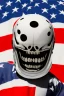 Placeholder: A close up of a skeleton face looking shocked, in an astronaut helmet and suit floating in space. inside the hollow eyes are red shining lights, scary. On his suit is an American flag and in his one hand is a small wavering American flag, on it is written "boned in the USA". From the back of his suit is blowing out blue, white and red smoke. Realistic, 8k, highly detailed, funny