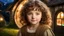 Placeholder: Little very young hobbit girl, beautiful, confident, calm, wise, happy, innocent, facing camera, head and shoulders, curly hair, hobbit clothing, perfect eyes, LOTR village, hobbit homes with circular windows and circular doors, night scene, stars, fireflies, 16k artistic photography, exquisite composition, photorealistic concept art, soft natural volumetric light, chiaroscuro, award-winning photograph, masterpiece, style William-Adolphe Bouguereau