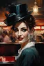 Placeholder: Thin 35yo Pale Brunette With Long Lashes And Eye Shadow, as a waitress in a 50s diner smiling :: dark mysterious esoteric atmosphere :: digital matt painting with rough paint strokes by Jeremy Mann + Carne Griffiths + Leonid Afremov, black canvas, dramatic shading