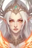 Placeholder: female druid fae elf with white hair pale skin and the colors of fire swirling in her eyes