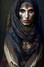 Placeholder: full-body photo of A beautiful Russian Gypsy-woman, middle-eastern, tattoo on face , veil, gypsy scarf