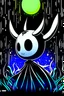 Placeholder: Create an album cover for the game Hollow Knight. Use black, white, gray, and blue colors to capture it's mysterious and eerie vibe. Focus more on how the Knight looks.