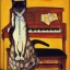 Placeholder: surreal cat playing piano in style of schiele painting