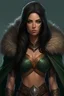 Placeholder: portrait of a petite athletic woman warrior, medium breasts, long black hair, green eyes, tan skin, bikini armor, fur cloak, realistic art style