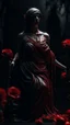 Placeholder: The statue of Justice, dripping with blood, wears a red blindfold. She carries a scale full of blood-red flowers, and poppies grow from underneath her and climb up the statue. Dark garden background. Dark garden background cinematic.