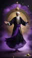 Placeholder: Hyper Realistic Old Male Sufi Whirling with Black, & Purple Islamic Sufi Rustic Grunge Background with golden crystals & fog around at night