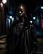 Placeholder: singer justine skye, on a very dark street in brooklyn at night, deep shadows, dramatic lighting, moody aesthetic, dark cinematic lighting, they are standing beneath a streetlight, dramatic shadows