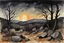 Placeholder: Night, mountains, rocks, dry trees, gothic horror films influence, winslow homer watercolor paintings