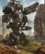 Placeholder: Large rusty destroyed mechwarrior with a giant sword stuck through it inside a futuristic ancient ruin with plants and animals