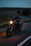 Placeholder: The kebab man driving fast on his motorcycle, fire from the exhaust, widescreen picture, empty road on the country at night