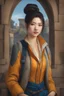 Placeholder: front view, beautiful female, asian, pale skin, dark hair, front shark spike hair, back high bun hairstyle, detailed dark eyes, yellow jacket, orange blouse, wearing backpack, baggy blue pants, hinge smiling, fantasy setting, medieval, year 1800, 8k, high detail, intricate, cinematic background, facing viewer