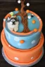 Placeholder: Birthday cake topped with a pool table, apricot tree and a husky dog