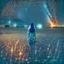 Placeholder: a young woman in field at night with lots of stars, looking at a UFO photo style