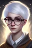 Placeholder: 17 years old girl with a short white hair and long bang and gray eyes, wearing glasses, use the magic spells, wand, Harry potter, night