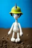 Placeholder: plush toy(tall and skinny with 1 eye and a frown) small feet at front, wearing helmet with spike on top, in a blue background, dirt floor