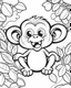 Placeholder: create a 2d black outline, "safari smiling cartoon baby monkey coloring book for toddlers", coloring page, low details design, black contour, coloring page design, simple background, colorful , card style, coloring page for kids, white background, sketch style, safari landscape, cartoon style