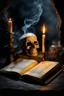 Placeholder: The scene captures a mystic and crepy atmosphere, with a lit candle providing glow near an old book. The candle's flame flickers over the book, creating an crepy surreal skull face from smok. This image is crepy stunnig, captures the mysterious and fleeting beauty of smoke, enhance the ethereal and otherworldly atmosphere. vertical light, cold, cave, detailed, sharp focus, cinematic, masterpiece