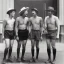 Placeholder: a group of four male friends with very small shorts on and large hats and holding trombones