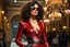 Placeholder: Hyper-realistic fashion runway scene, glamorous female model with voluminous curly hair, wearing a shiny red metallic crocodile-pattern suit with deep neckline and black corset details, accessorized with oversized sunglasses, gold jewelry, and leather gloves. Elegant luxury hall with chandeliers in the background, cinematic lighting, high fashion style, photography