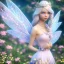 Placeholder: cute fantasy fairy with transparent wings, smiling, blue eyes, long platinum blond hair with crown and flowers, pink dress, unreal engine