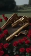 Placeholder: two golden guns above a grave in a field full of red roses.cinematic.realistic