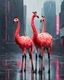 Placeholder: three giraffe-headed flamingos with giraffe neck and head and giraffe pattern, standing in a gloomy cyberpunk downtown kerbside in overdrive, acrylic and oil, minimalist, cinematic, dramatic, (glitch deconstruction:1.7), centered,, amazing verticals, excellent parallels