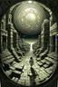 Placeholder: THE MOON HIDDEN SHADOWY beuracracy lost in the temple maze STYLE OF HIROKU OGAI