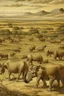 Placeholder: A light brown savanna filled with rhinos painted by Albrecht Durer