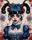 Placeholder: Poster in two gradually, a one side wears a smart shirt which is embroidered with bluered flowers and ornaments, has dark eyes and horns,malevolent goth vampire girl face and other side the Singer Melanie Martinez face, full body, painting by Yoji Shinkawa, darkblue and sepia tones,