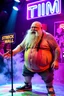 Placeholder: An "Mischief man" performing at dance club, his name is "TIM" fat, bald with beard and looks crazy, Paint on stage, Neon lights and smog, "STRECK ON THE WALLS" SIGN ON WALL