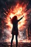 Placeholder: Photorealistic young long red-haired woman standing, with arms raised, looking at an exploding building at night, with red auras around her