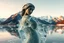 Placeholder: in a frozen sea with pretty mountains a full lady statue in artist pose looking at camera, of clear glass like ice that going to melt and water drops fall from all body.
