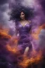 Placeholder: abstract creation of a beautiful girl with black curly hair, surrounded by stormy clouds, wrapped in thick purple smoke, breathtaking beautiful, lightnin, bright colours,chaos,