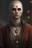 Placeholder: full length, gangly, 22-year old, shaved head, nordic looking grey-eyed female human cleric with a red beaded necklace