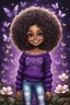 Placeholder: Create a detailed and vibrant charcoal illustration of a chibi black thick female and curly tight afro. She is wearing a purple off-shoulder sweater, blue torn jeans, and tan-colored boots with fluffy white trim. SHe has a confident and cheerful expression, with large expressive eyes and a bright smile. background of black and purple butterflies and magnolia flowers around her